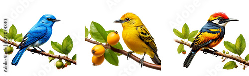 Realistic illustration of three yellow, blue and colorful birds, perched on a tree branch, isolated on a transparent background PNG file