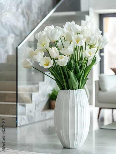 White tulips in a ceramic vase on a table against a modern home interior with a glass staircase