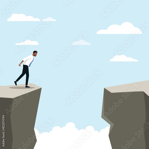Confused businessman stand in front of cliff make risky business decision. Flat vector illustration isolated on white background