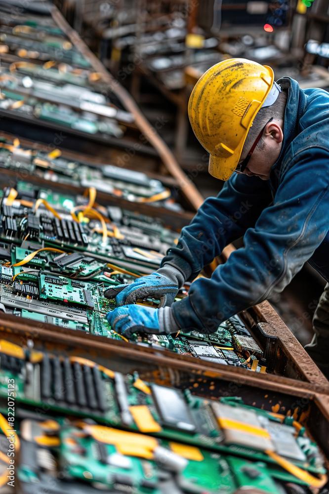 Worker disassembling old electronics, sorting components for e-waste recycling. Worker disassembling old electronics, sorting components for e-waste recycling.