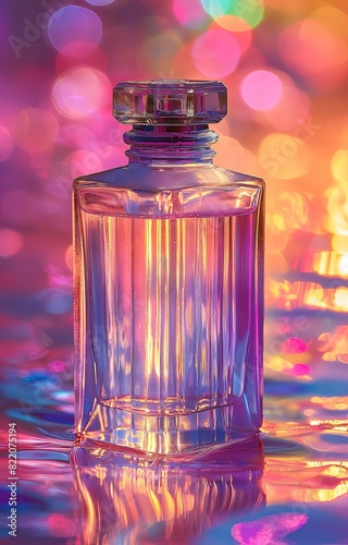 Clear glass perfume bottle with bokeh lights in the background. Colorful abstract background. Beauty and fragrance concept. Generative AI