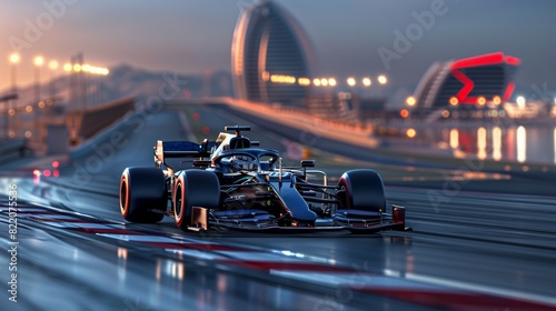 Blurring by under floodlights, modern race car tears down track in high-speed...