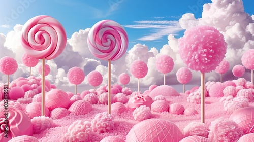 Whimsical candy landscape with pink lollipop trees, surrounded by candy-shaped mounds under a cloudy sky, fantasy world. Generative Ai