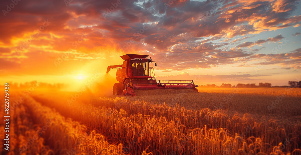 A red tractor is driving through a field as the sun sets, creating a picturesque scene with warm hues and long shadows.