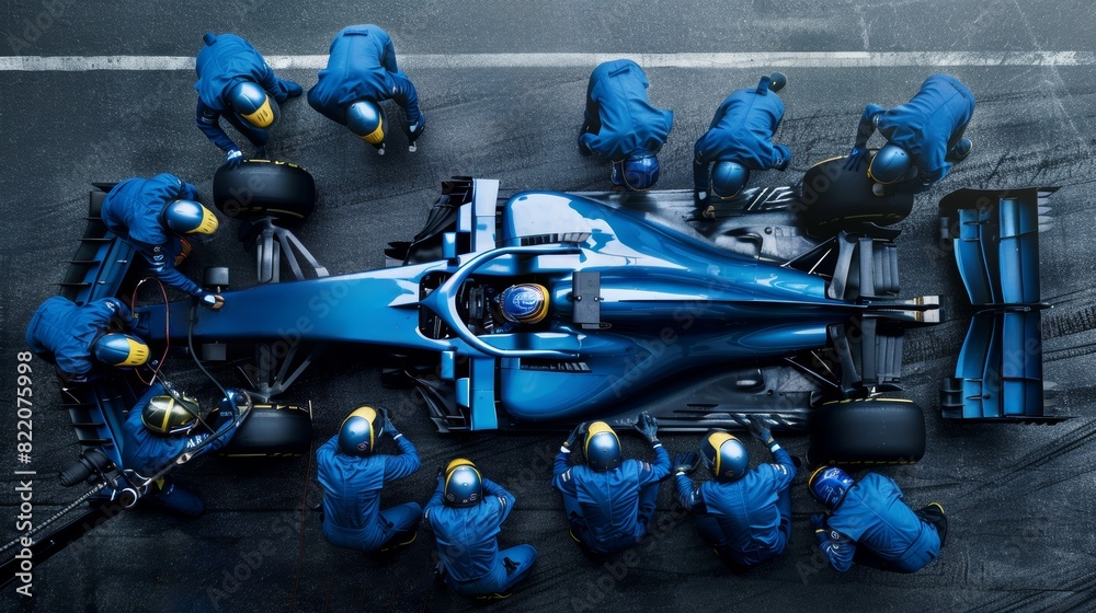 Naklejka premium View from above, car receives rapid servicing from dedicated pit crew in blue gear. Coordination and efficiency required to maintain competitive edge in racing.