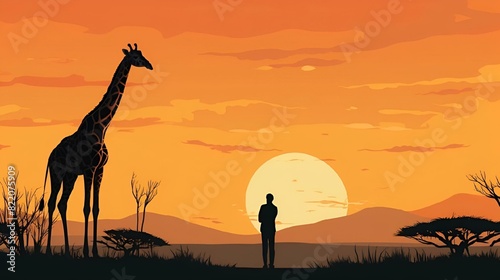 an illustration of a man watching giraffes in africa