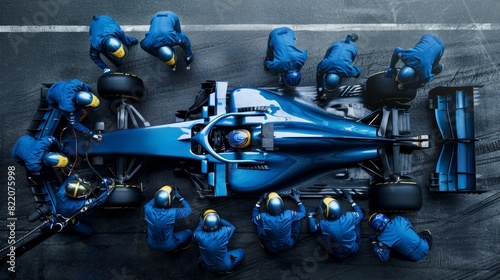 View from above, car receives rapid servicing from dedicated pit crew in blue gear. Coordination and efficiency required to maintain competitive edge in racing.