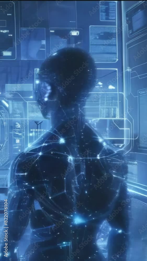 Cyborg internet god face in digital machinery room technology background animation - alien looking and using smartphone social media. alien with phone. 4k 9x16 vertical new stock video footage Ai.