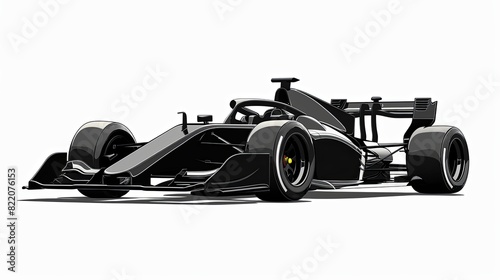 Drawn illustration. Sleek black racing car against white background. Motorsport and speed.