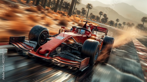 Close-up of of red sleek race car navigates challenging turn on dust racetrack blurred in motion. photo