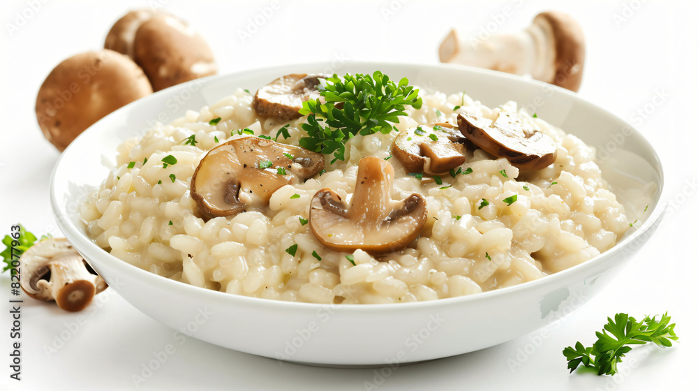 Delicious risotto with cheese and mushrooms isolated