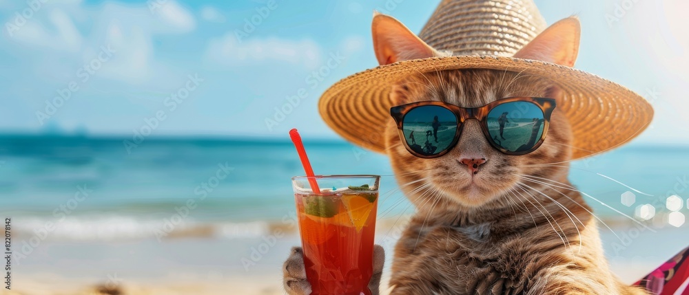 Funny, chilled cat in sunglasses and a straw hat relaxing on the beach ...