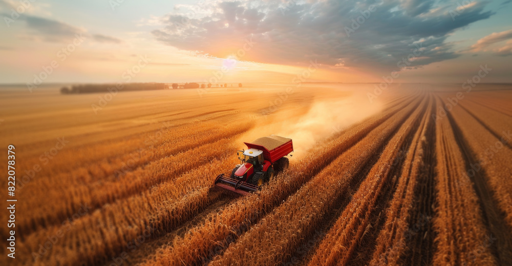 A red combine harvests a vast golden wheat field at sunset, creating dust trails under a cloudy sky in a rural farmland setting.