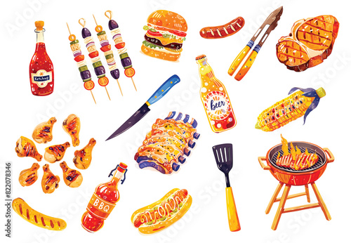 BBQ set. Vector watercolor illustration.