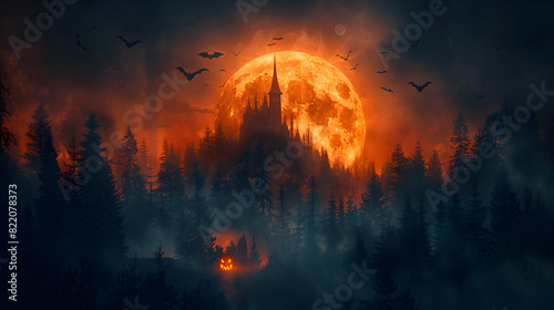 A spooky Halloween night with bats flying across the full moon, surrounded by eerie decorations and fog.