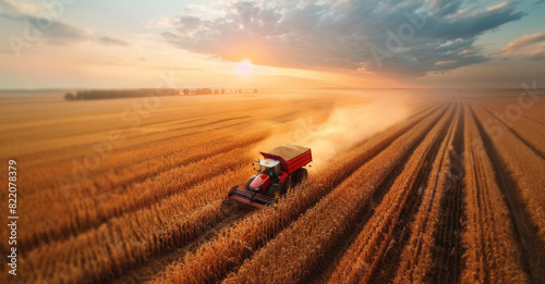 A red combine harvests a vast golden wheat field at sunset, creating dust trails under a cloudy sky in a rural farmland setting. photo