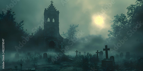 A spooky Halloween night with phantoms moving through a graveyard, illuminated by moonlight and fog.