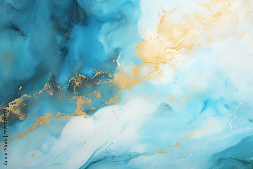 Abstract blue and gold marble texture painting, ideal for background or interior design projects, showcasing fluid and organic forms.
