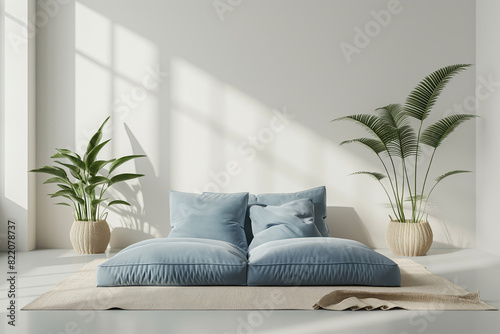 Blue velvet floor cushions and tropical plants in front of a white wall in a modern home interior 3d rendering photo