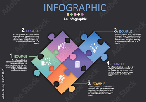 Vector infographic, five colorful connected pieces on a gray-black background, explaining educational presentations, management, planning, sequencing, steps, timeline, modern style.