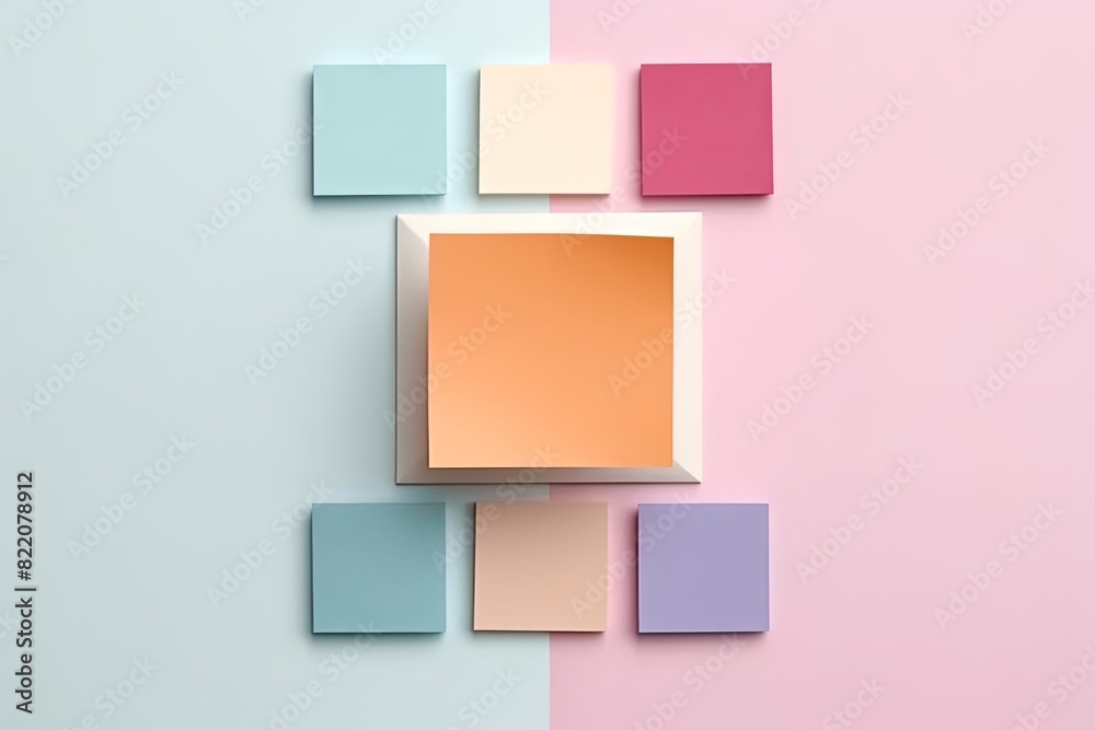 paper craft with square-shaped adorned in pastel hues, where multicolor sticky notepads stage in captivating wallpaper design against simple elegance backdrop. paper craft with square-shaped adorned in pastel hues, where multicolor sticky notepads stage in captivating wallpaper design against simple elegance backdrop.