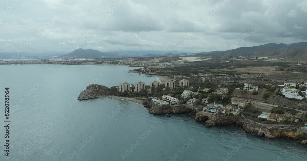 Aerial view of Cala Tabaco coastline, Isla Plana, Cartagena, Murcia, Spain.