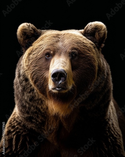 the Grizzly Bear , portrait view, white copy space on right Isolated on black background