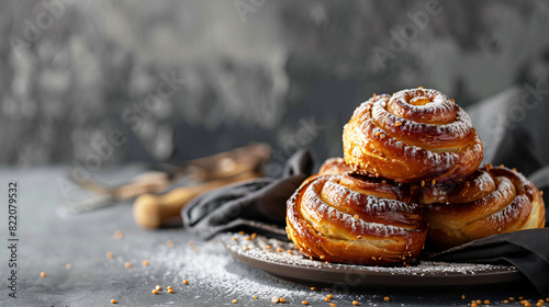 Delicious sweet buns on table against gray background photo