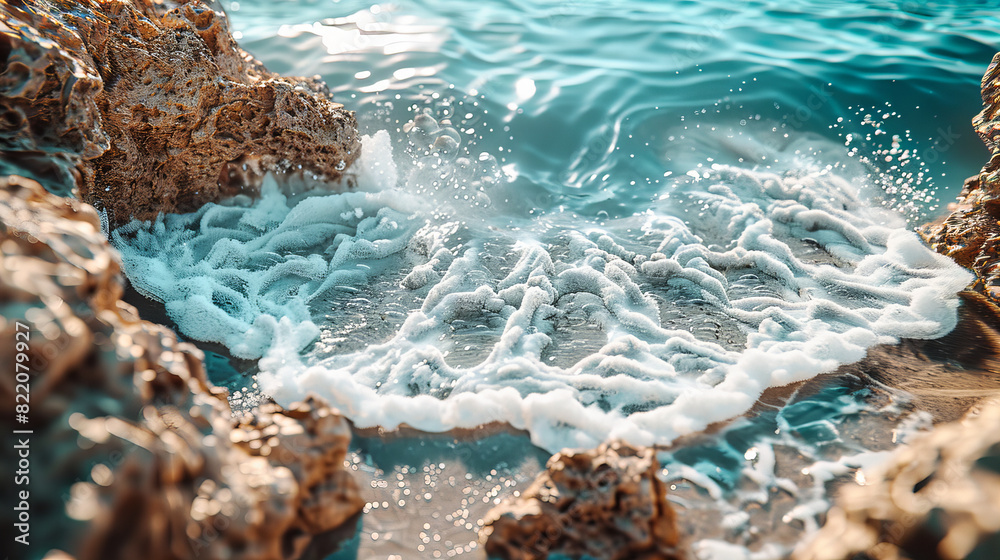 Obraz premium Dramatic Seascape with Crashing Waves on Rocky Shore, Vibrant Blue Ocean under a Clear Sky