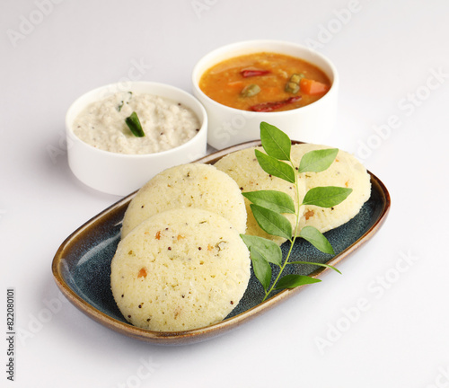 Rava or sooji idli with coconut chutney and sambhar
