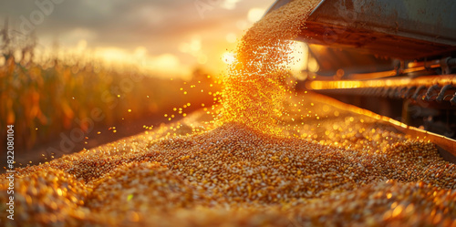 A grain mill is actively pouring freshly milled grain into a truck for transport. The process is efficient and controlled.