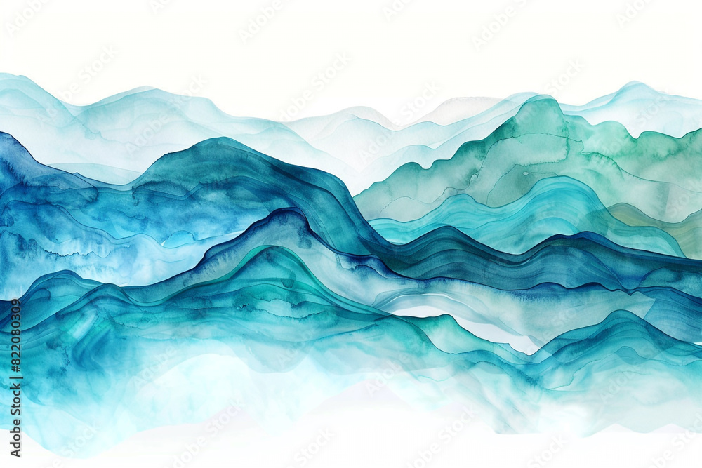 Waves of turquoise and azure flowing on a watercolor background against solid white.