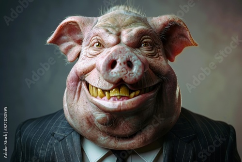 Evil, grinning fat pig like a human politician with yellow teeth wearing a business suit. Concept of corruption, manipulation, sarcasm.	