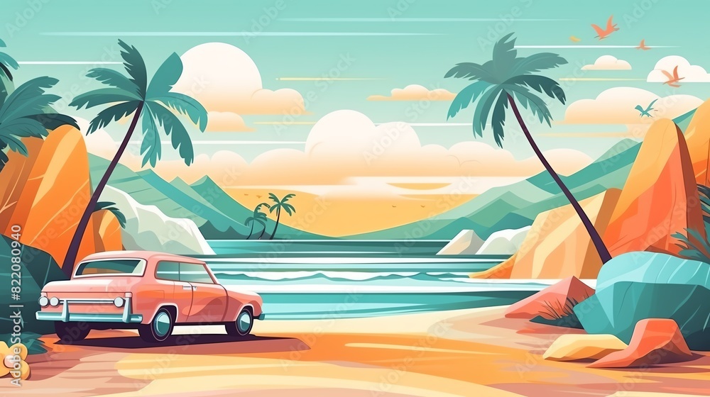 Vintage car parked on a tropical beach with palm trees, mountains, and ...