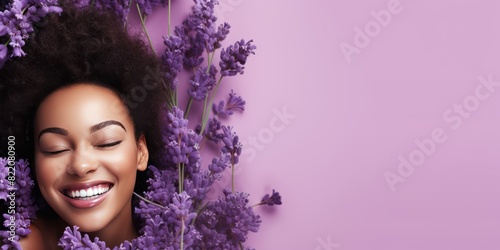 Lavender background sad black independent powerful Woman. Portrait of young beautiful bad mood expression girl Isolated on Background racism skin color depression anxiety