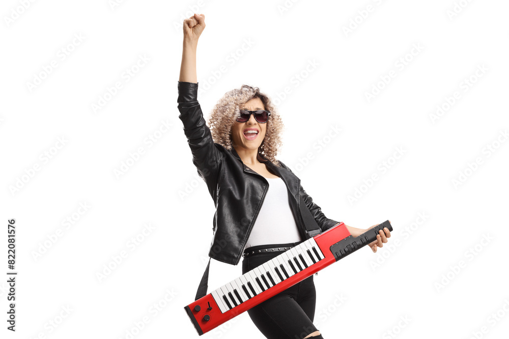 Happy female musician with a keytar wearing sunglasses and gesturing with hand Happy female musician with a keytar wearing sunglasses and gesturing with hand