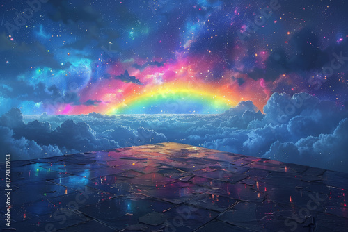 Cloud fairytale  where celestial wonders of vibrant rainbow and glistening Milky Way converge in a symphony of colors and light 