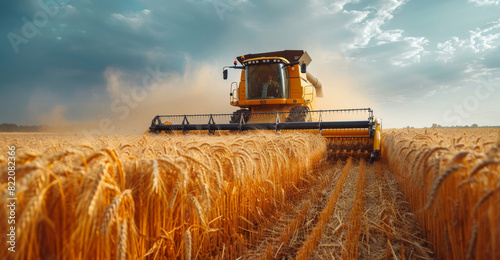 A combine machine harvesting ripe grain in a vast field on a sunny day.