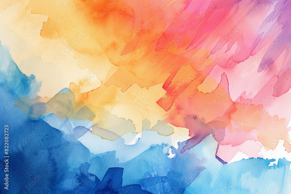 Energetic watercolor shapes meld with angular organic vectors against an abstract watercolor canvas, crafting movement.