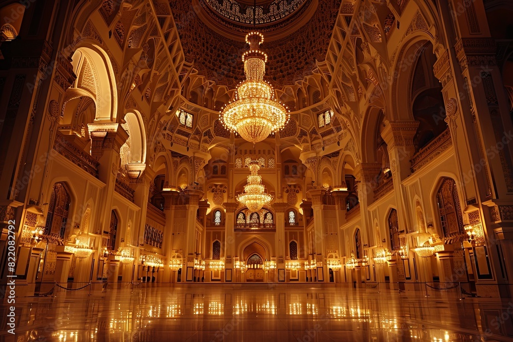 Grand mosque adorned for Eid-al-Adha celebration. Sacred yet festive atmosphere Grand mosque adorned for Eid-al-Adha celebration. Sacred yet festive atmosphere