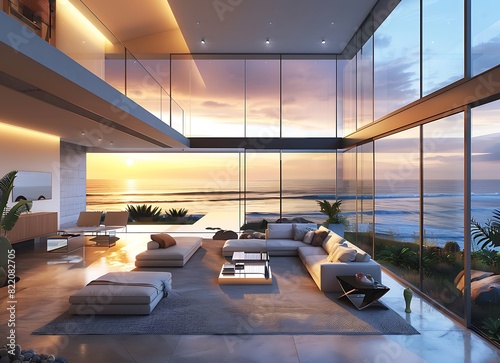 Modern living room with large windows and sea view  sunlight through glass walls