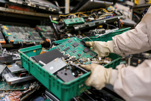 Worker disassembling old electronics, sorting components for e-waste recycling.