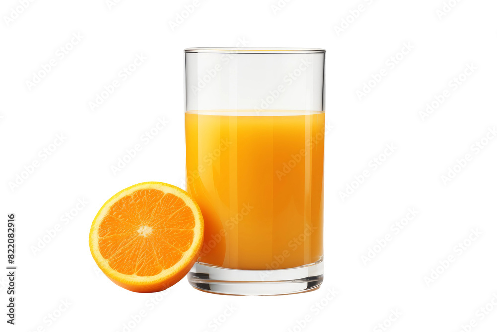 Citrus Elixir: A Vibrant Composition of Orange Juice and Fresh Slice on a Clear PNG or White Background. Citrus Elixir: A Vibrant Composition of Orange Juice and Fresh Slice on a Clear PNG or White Background.