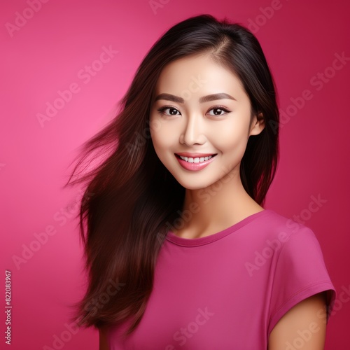 Magenta background Happy Asian Woman Portrait of young beautiful Smiling Woman good mood Isolated on Background Skin Care Face Beauty Product Banner with copyspace  © Zickert