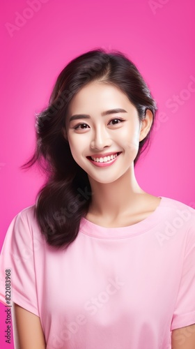 Magenta background Happy Asian Woman Portrait of young beautiful Smiling Woman good mood Isolated on Background Skin Care Face Beauty Product Banner with copyspace 