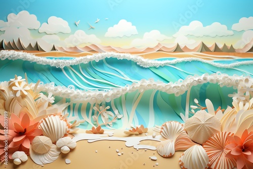 Colorful paper art depicting a serene beach scene with waves, clouds, and seashells, creating an idyllic coastal landscape.