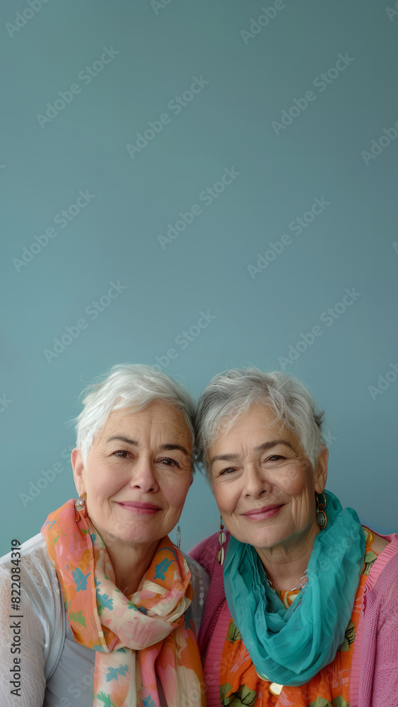 Two elderly girlfriends with short grey hair smiling at the camera against a blue isolated background. Friendship Day concept. Two elderly girlfriends with short grey hair smiling at the camera against a blue isolated background. Friendship Day concept.