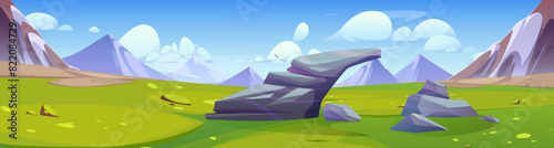 Summer or spring landscape with green grass on valley with large stones surrounded by mountains. Cartoon vector scenery with meadow, rocky hills and blue sky with clouds. beautiful countryside park.