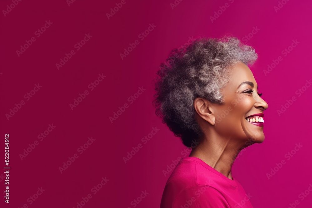 Magenta Background Happy black american independant powerful Woman realistic person portrait of older mid aged person beautiful Smiling girl Isolated on Background ethnic diversity 