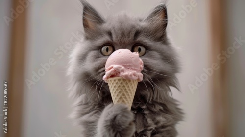 A grey long-haired cat amusingly licks a strawberry ice cream cone, showcasing its fluffy face and curious blue eyes in a domestic setting.